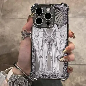 Retro Gothic style double angel mirror fashion airbag plated TPU anti drop phone case suitable for iPhone 17 16 15 14 13 12 11 Pro Max Samsung Galaxy S25 S24 S23 S22 full coverage lens protection shockproof shell