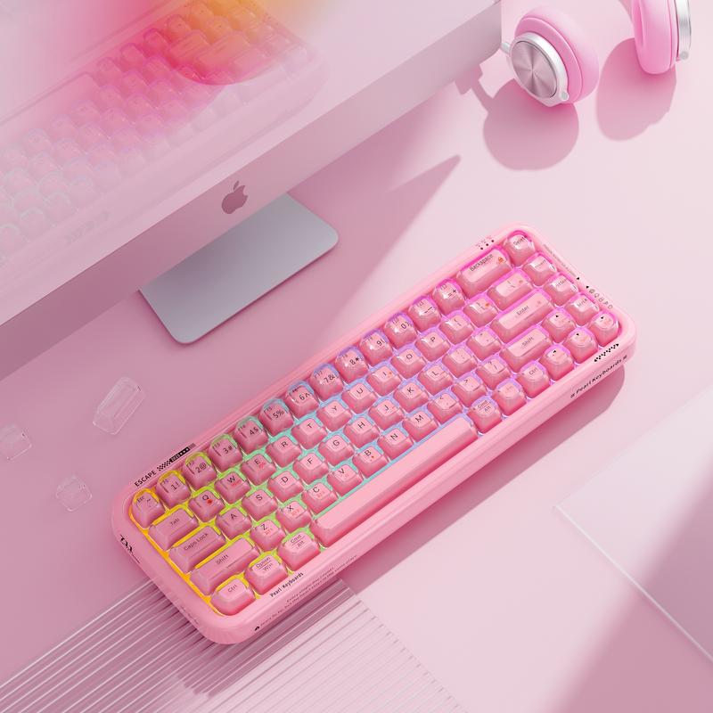 MOFii RGB Gaming Keyboard | 15 Light Effects, Cute Pink Transparent Keycaps, Rechargeable, BT/Wireless/Wired, US QWERTY