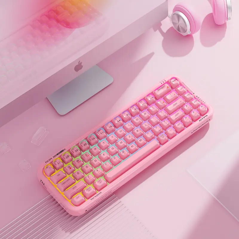 MOFii RGB Gaming Keyboard | 15 Light Effects, Cute Pink Transparent Keycaps, Rechargeable, BT/Wireless/Wired, US QWERTY