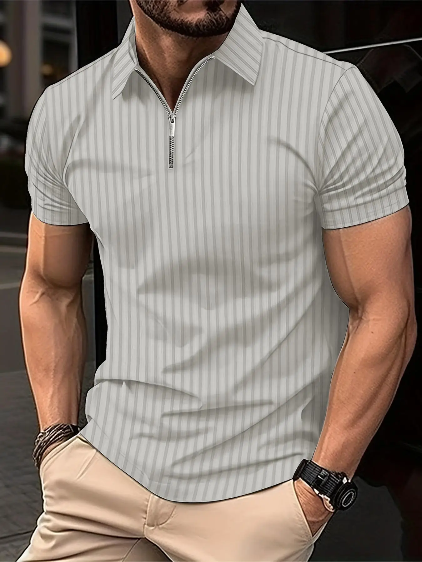 Men's Regular Fit Solid Half Zip Polo Shirt, Casual Short Sleeve Collar Top for Daily Outdoor Wear, National Day Clothing, Fashion Men's Clothes for A