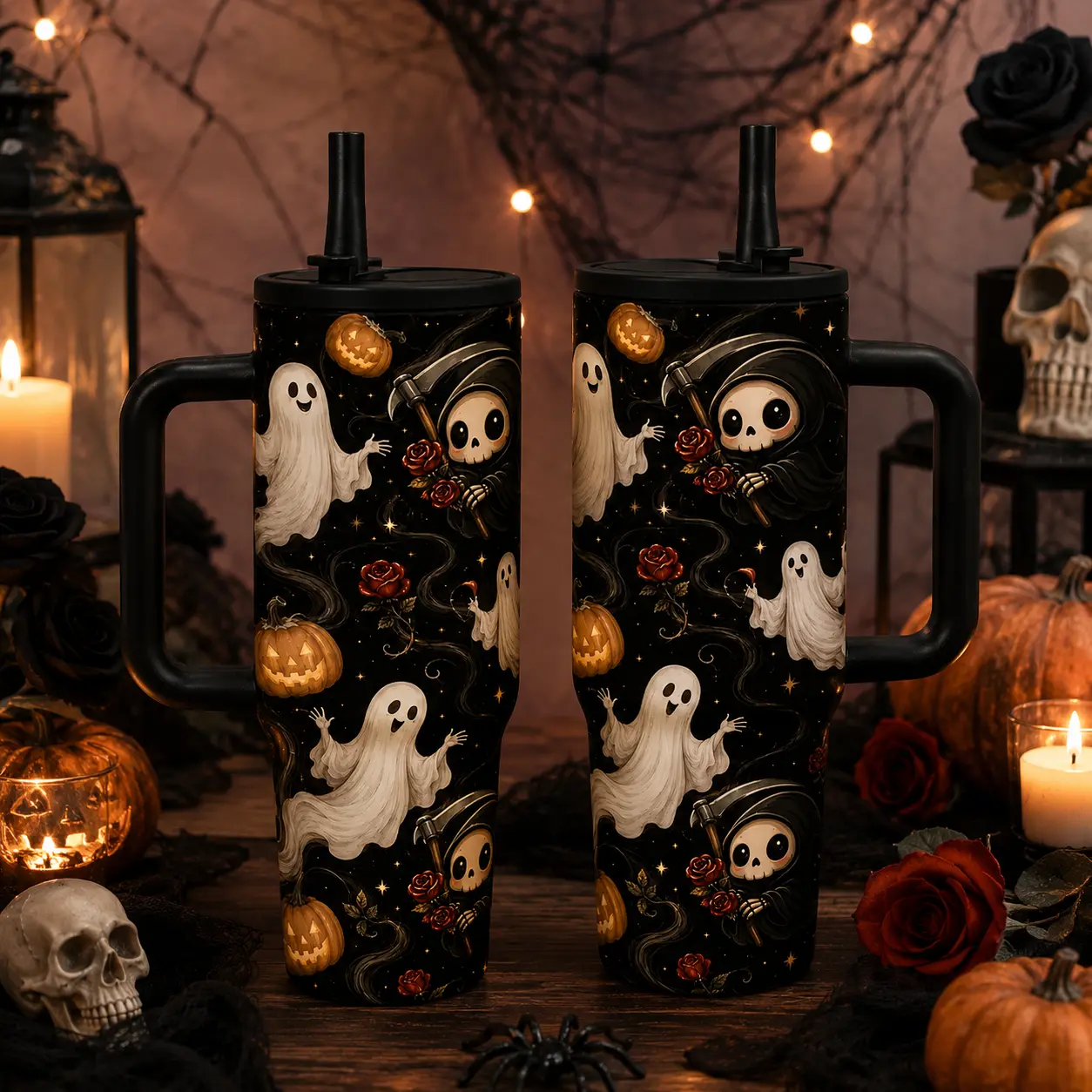 Flip Straw - 20oz/ 30oz/ 40oz Black Spooky Ghost Pumpkin Reaper Rose Pattern Insulated Tumbler with Handle & Straw, Double Wall Leakproof Vacuum Flask Travel Mug