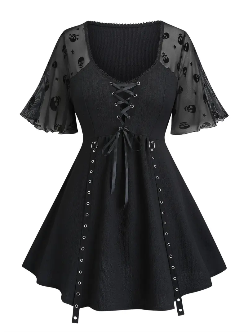 knee length dresses for ladies Embroidered Flocking Net Gothic Kimono Dress with Detachable Belt main image 1