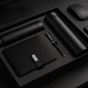 Client Thank You Gift Set - 'The Black Box' with Premium Black Executive Pen, Compact Umbrella, Notepad and Insulated Thermos.