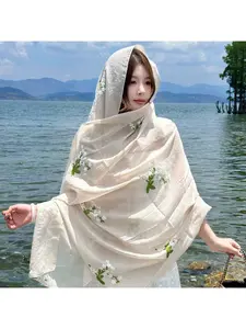 New embroidered cotton linen scarf, travel sun protection ethnic style scarf, women's beach towel, beach scarf, embroidered shawl