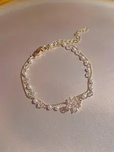 Women's Elegant Faux Pearl & Artificial Crystal Decorated Flower Design Layered Bracelet, Exquisite Trendy Bracelet, Fashionable Jewelry for Women As Gift