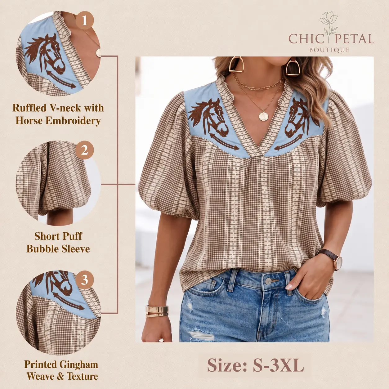 Women's Gingham Blouse - Western Elegance Casual Top in Polyester with Puff Sleeves, V-Neck & Embroidered Yoke, Lady, Shortsleeve, Print, Style, Horse, Ruffled, Shirts, Relaxed Fit, Classic, Cold Wash, Do Not Bleach, Plaid, Loose-Fitting