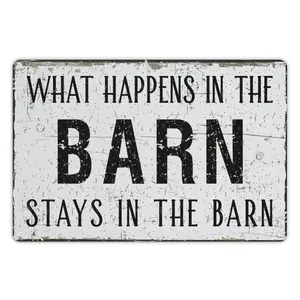 Rustic Farmhouse Aluminum Wall Decor Sign - Vintage Style "What Happens in the Barn Stays in the Barn" - Reusable Metal Wall Art for Home, Farm, and Country House Decoration, 12"x8"