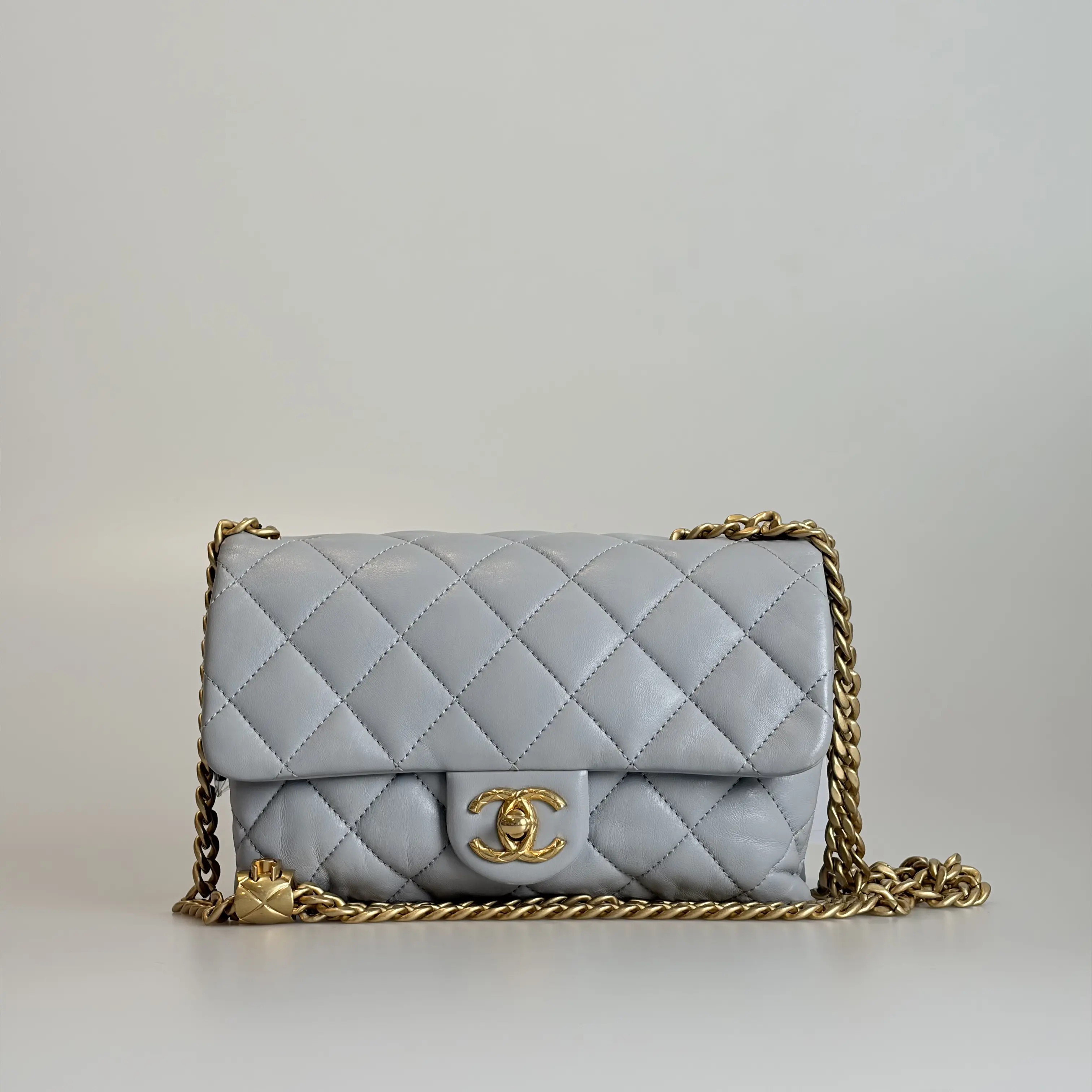 Pre-owned CHANEL Lambskin Crossbody Bag Pre‑Owned Grey Quilted Gold‑Tone Hardware 71463839 Sold As Is / Final Sale