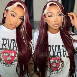 Lemoda Hair Burgundy 99J Red Wig With 613 Blonde Skunk Stripe Human Hair Wigs  200% Density 13X6 Lace Frontal Wig Straight Hair  Lace Frontal Wig Colored Wigs