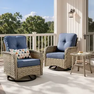 HOOOWOOO 3 PCS Outdoor Patio Furniture Set, Oversized Outdoor Wicker Sofa with Swivel Chairs and Side Table, Sectional Rattan Outdoor Conversation Set for Poolside Backyard Deck