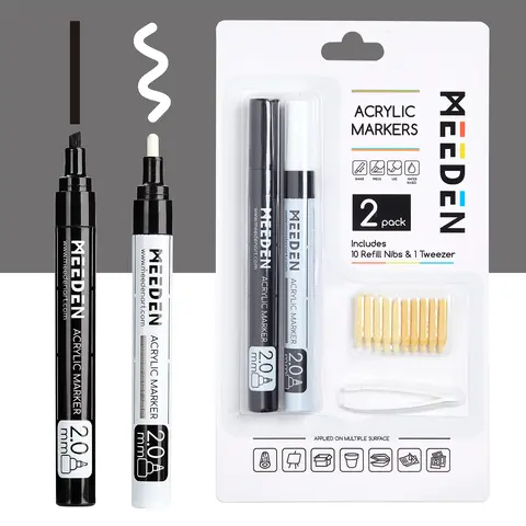 MEEDEN Double Tip Acrylic Brush Markers Set - 10 Replaceable Durable Nylon Tips, 1 Tweezer, 2.0 mm Bold/Precise Lines, 30% Ink Saved, Water-Based Quick-Drying Office Stationery for Wood, Pumpkin Painting