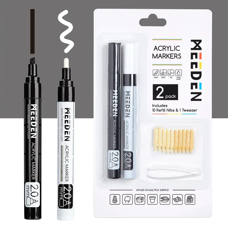 MEEDEN Double Tip Acrylic Brush Markers Set - 10 Replaceable Durable Nylon Tips, 1 Tweezer, 2.0 mm Bold/Precise Lines, 30% Ink Saved, Water-Based Quick-Drying Office Stationery for Wood, Pumpkin Painting
