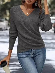 Women's Spring Fall Casual Basic Fashion Elegant Cross V-Neck Ruched Slim Fit Knit Pullover Long Sleeve Top, Perfect for Jeans