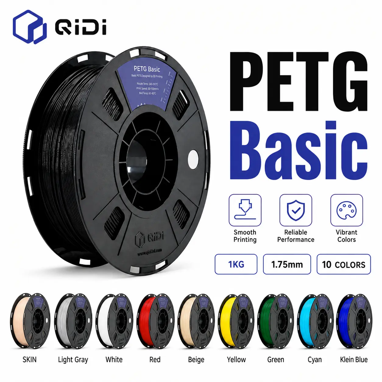 QIDI PETG Basic 3D Printer Filament, 1.75mm 1kg (2.2lbs) Spool, Easy-to-Print, 300mm/s High-Speed Printing, RFID Auto Recognition, Smooth Glossy Surface, UV & Water Resistant, Compatible with Most FDM 3D Printers, 3D Printing, Automotive Parts