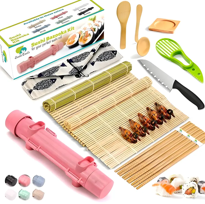 22 in 1 Sushi Making Kit, Sushi Roller Maker Bazooka Kit with Bamboo Mats, Chef's Knife Chopsticks Sauce Dishes, Rice Spreader sushi tools Kitchen 1