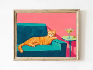 Mid-Century Ginger Cat with Martini Art Print, Orange Cat Wall Art, Cute Quirky Whimsical Art Bar Cart Decor