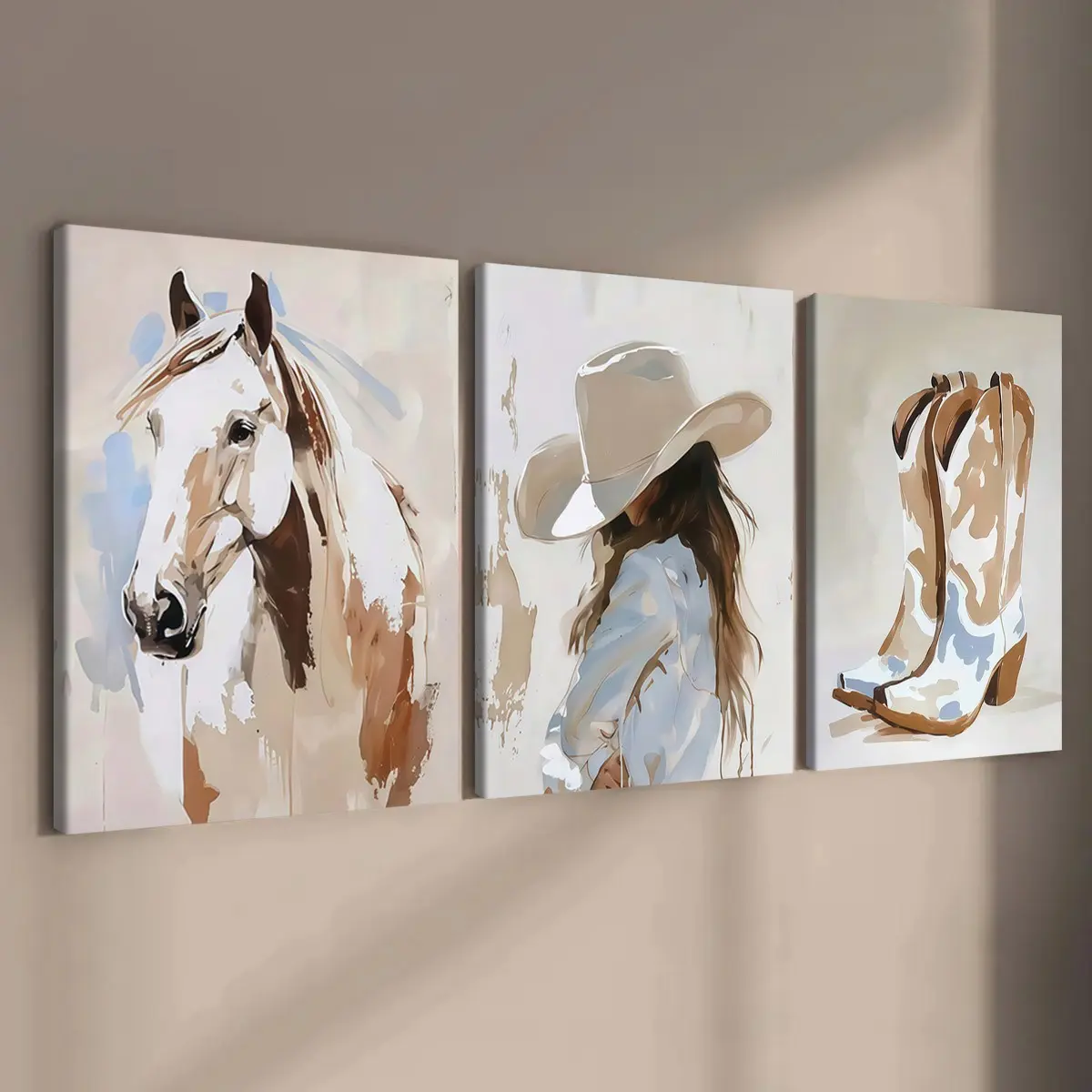 3-Piece Wooden Frame Canvas, Western Cowboy Style Horse Girl Triptych Poster, Modern Living Room Art, Waterproof, Gift Idea