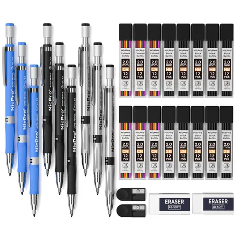 Nicpro 9 Pack 2mm Mechanical Pencil Set, Drafting Carpenter Pencils 2.0 mm for Art Drawing Sketching construction with 192 Lead Refills Pre-Sharpen HB & 2B & Colors, 2 Erasers, 2 Sharpener