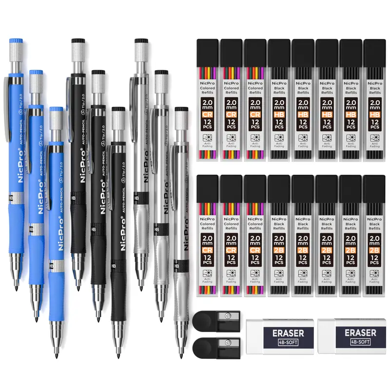 Nicpro 9 Pack 2mm Mechanical Pencil Set, Drafting Carpenter Pencils 2.0 mm for Art Drawing Sketching construction with 192 Lead Refills Pre-Sharpen HB & 2B & Colors, 2 Erasers, 2 Sharpener