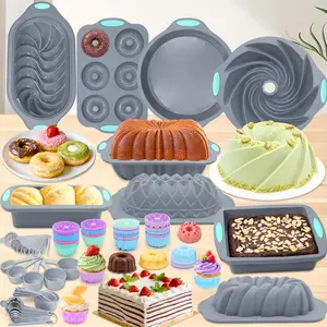 91/46/45 Pieces，Silicone Baking Mold Set, including non-stick baking pans, cookie sheets, cake pans, donut pans, and bread pans—perfect for baking banana bread, sandwiches, pound cakes, and meatloaf. Bakeware Cake Set Birthday Mold Measuring Cups