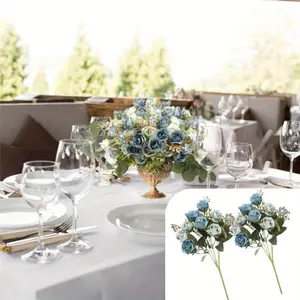 5 Stems 10 Heads Artificial Flowers Small Roses with Leaf Bouquet for Valentines Decoration Kitchen Wedding Office (2 Pack, Blue)