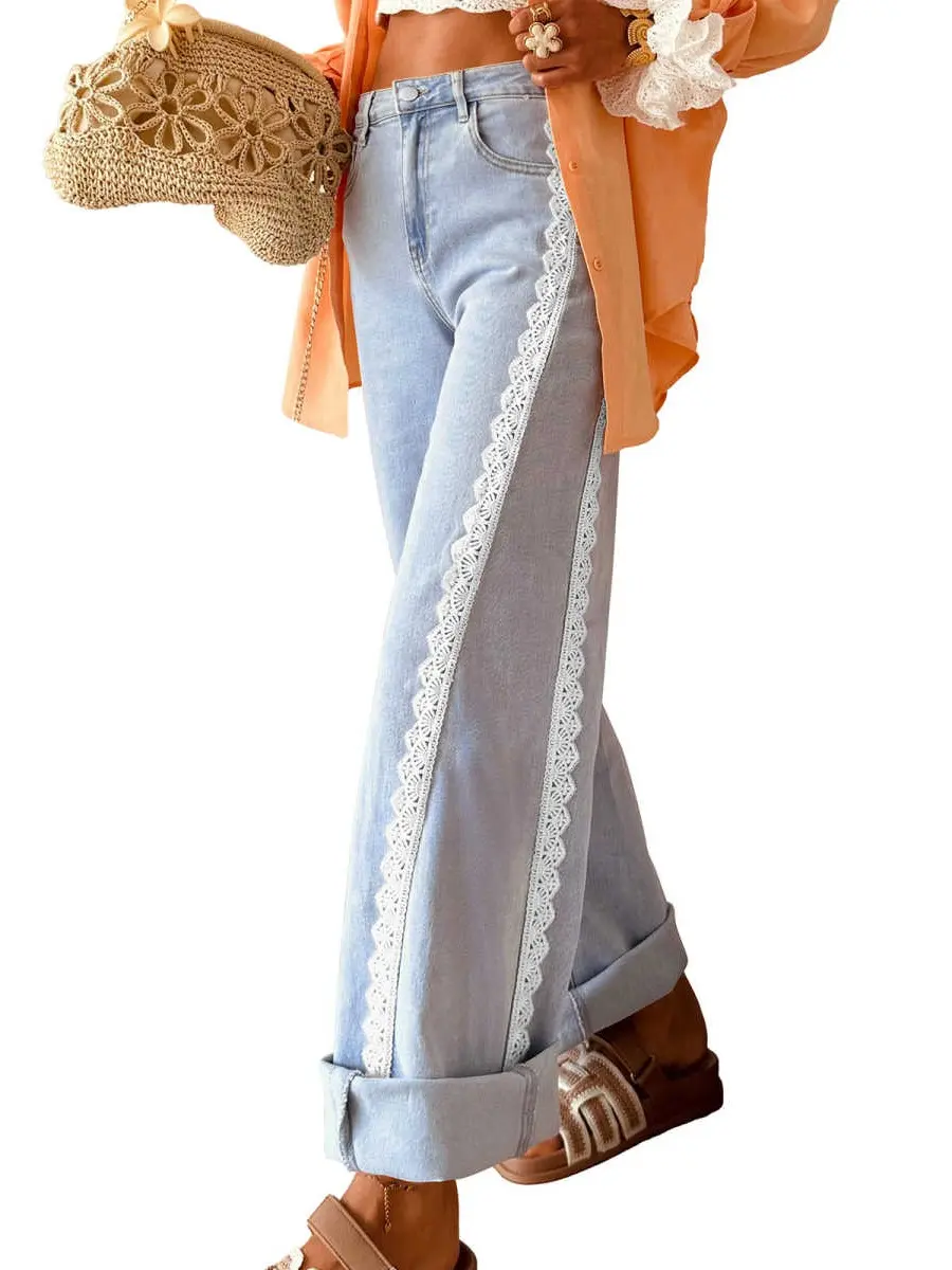 Women's Regular Fit Lace Trim Full Length Cotton Mix Denim Jeans - Side Stripe, Rolled Cuffs, Casual Boho Pants for Everyday Wear, Travel, Womenswear, Regular Fit Jeans