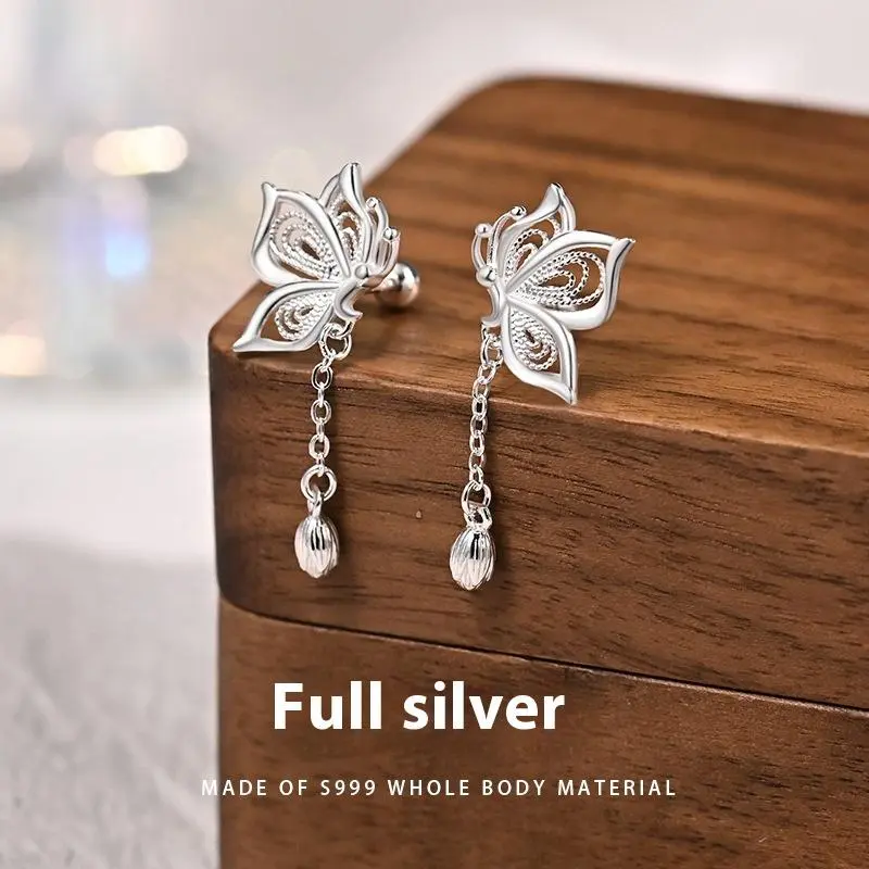 Women's S999 Silver Earrings, Sweet Tassel Design, New Butterfly Style