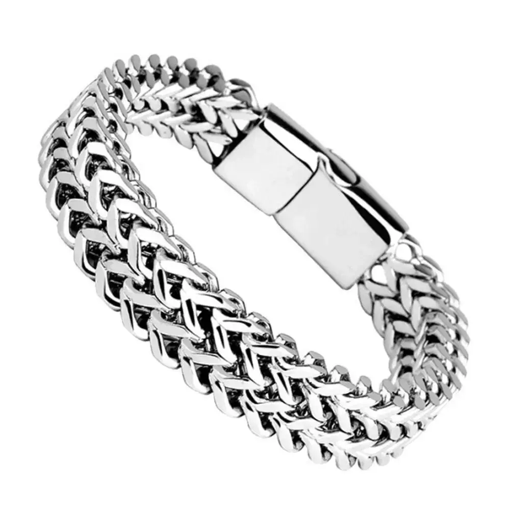 Unisex Stainless Steel Keel Bracelet - Double Row Fish Scale Braided Wristband with Alloy Magnetic Buckle, Fashion Costume Braided Jewellery, Casual Wear, Polyester Fiber, Adjustable Sliding Bracelets & Bangles
