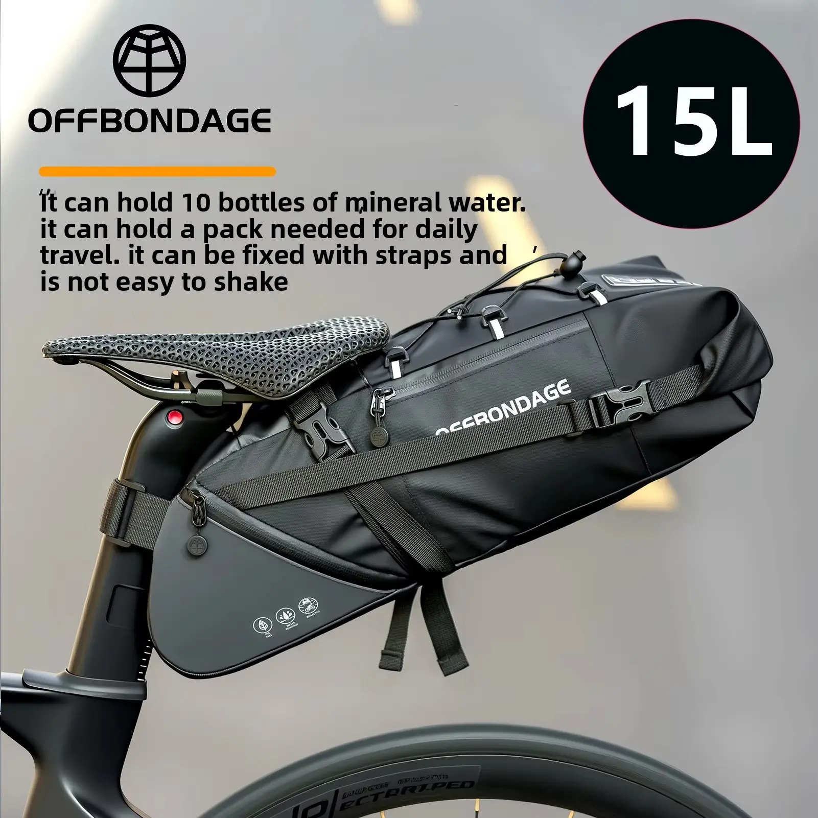 OFFBONDAGE Bicycle Saddlebag Waterproof 15L Large Capacity Bike Bag Cycling Tail Bag MTB Foldable Rear Bag Bike Road Luggage Bike Strap
