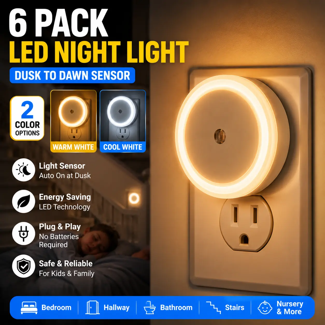 6 Pack LED Night Lights Plug Into Wall, Dusk to Dawn Smart Sensor Nightlight, Energy Saving Plug-in Night Light for Bedroom Bathroom Hallway Stairs Kids Room, Warm White & Cool White Options