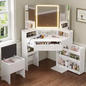 HAUOMS Vanity Desk with Tri-Fold Mirror and Lights, Storage Stool, Corner Makeup Vanities with Drawers & Power Outlet, 3 Light Settings, Dimmable for Bedroom, Women Girls, White