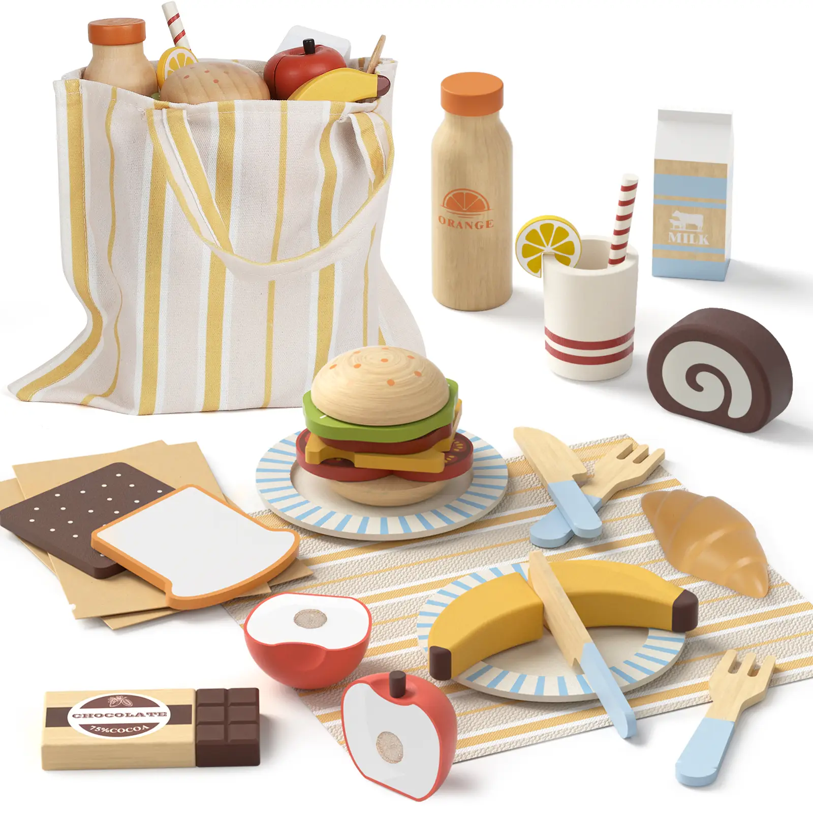 21PCS Pretend play Picnic Set, Wooden play Food Sets for Kids kitchen, Lehoo Castle Pretend play Food Toys, Cutting Food Toys, Gift for Girls Boys, T