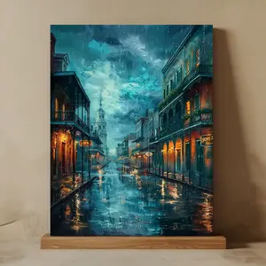 A Romantic Rainy Night New Orleans Street Scene Canvas Art - French Quarter Night Market Scenery, Wooden Frame Wall Decoration, Suitable for Weddings, Anniversaries, Valentine's Day, New Year, Beach Parties, New Orleans Home Decor