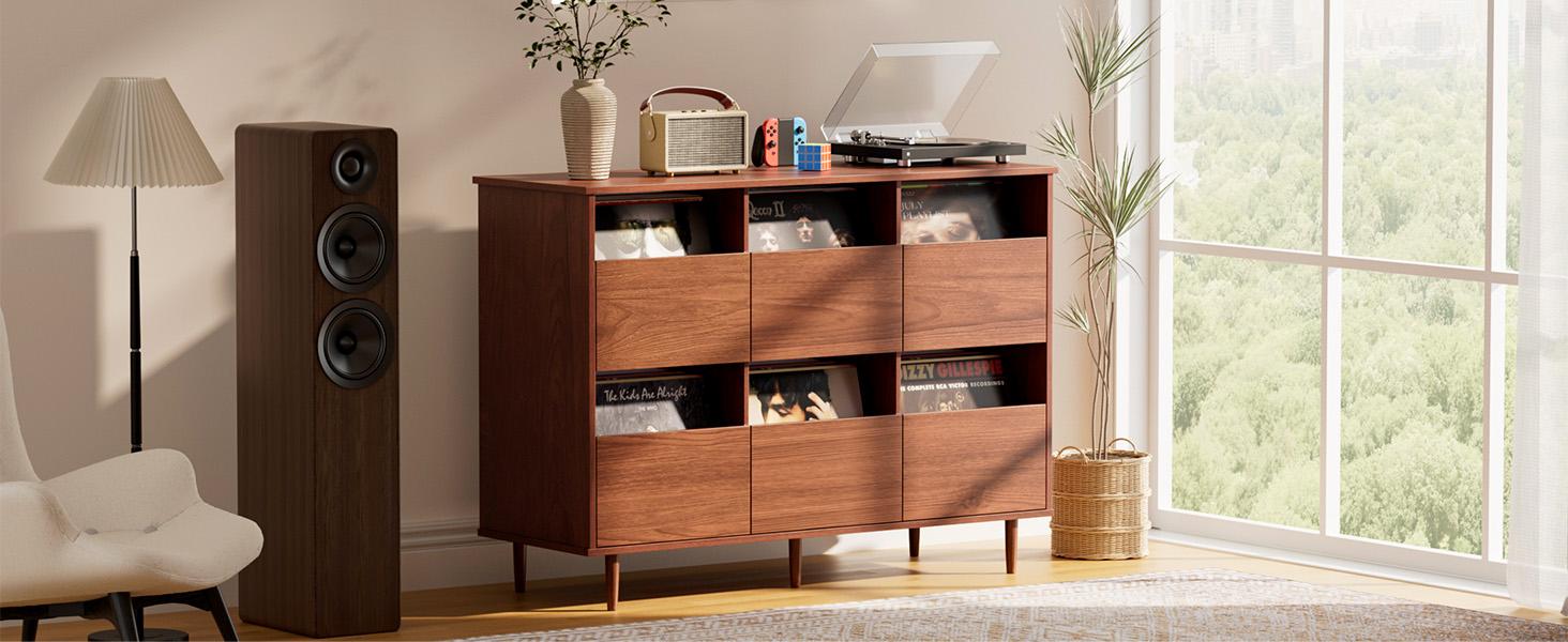 BROTTAR Large Record Player Stand with Vinyl Storage Up to 550 Albums, 2-Tier Record Storage Cabinet, Mid Century Turntable Stand, Vinyl Record Storage with Shelves for Bedroom, Living Room, Office (Walnut)