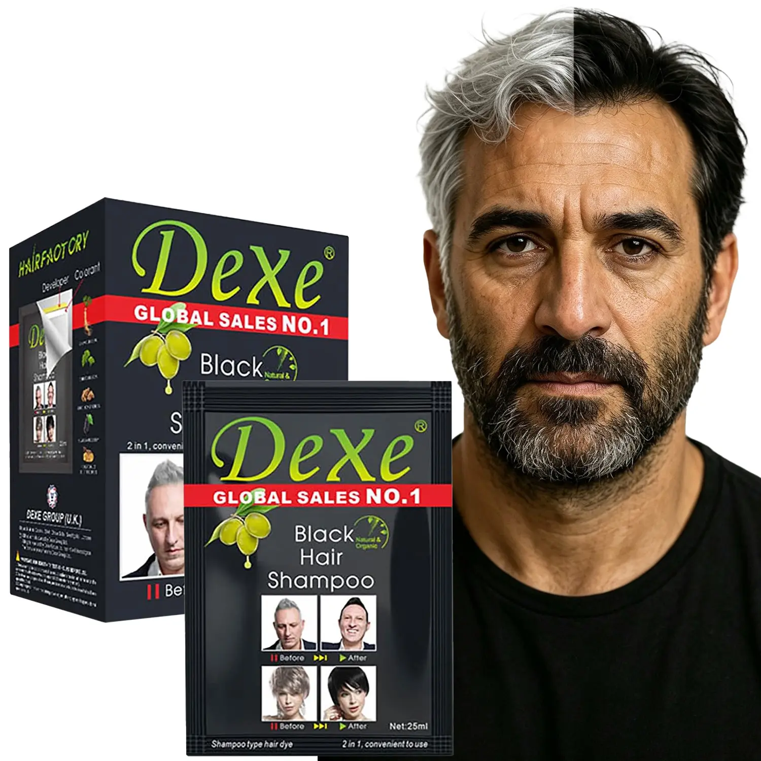 Dexe Black Hair Dye Shampoo 10 PCS, 3-in-1 Instant Hair Color Shampoo for Gray Hair Coverage, Natural Plant-Based Formula, Ammonia-Free, Easy to Use, Long-Lasting Up to 30 Days for Men & Women