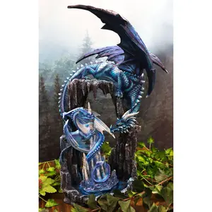 Ebros 20"H Blue Frozen Dragon On Cavern With Wyrmling By Ice Stalagmite Statue