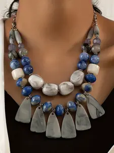 Boho Style Beaded Necklace with Imitated Turquoise Pendant, Layered Design Jewelry Accessory for Women & Girls, Trendy Fashion Statement Piece, Modern Versatile Accessories