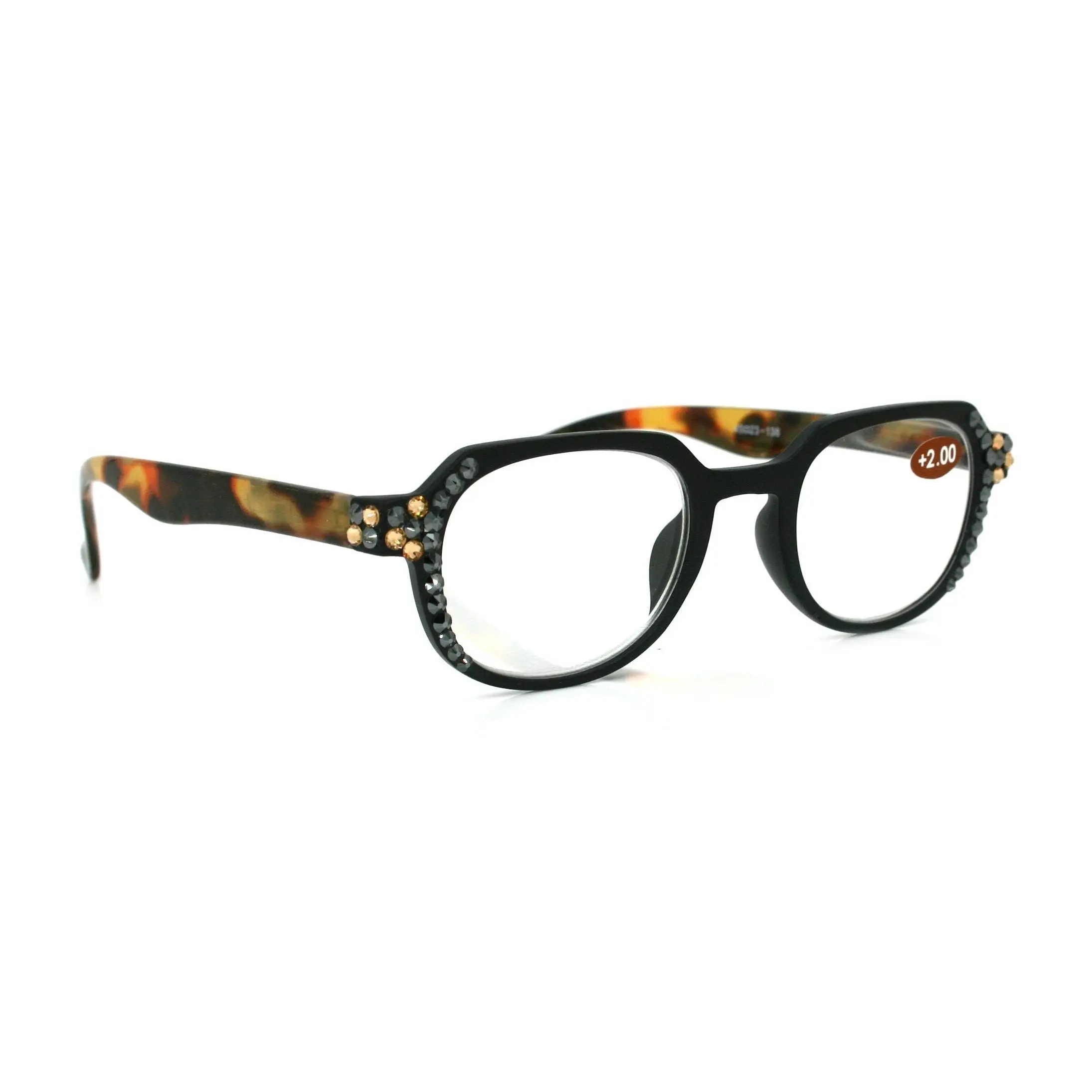 The Hexagon, (Bling) Women Reading Glasses W (Hematite, Light Colorado) Crystals (Geometric) (Black, Brown Tortoise shell) NY Fifth Avenue