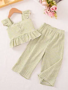 2pcs Girls' Striped Short Top & Long Pants Set, Clothes Kids, Casual Fitted Two-Piece, Fashionable Summer Wear, Comfortable and Stylish