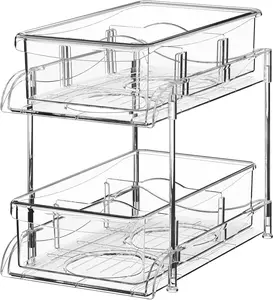 2 Tier Clear Under Bathroom Sink Organizers and Storage, Medicine Cabinet Organizer with Dividers,Pull Out Kitchen Pantry Shelf Cupboard Closet Vanity Organization Bins