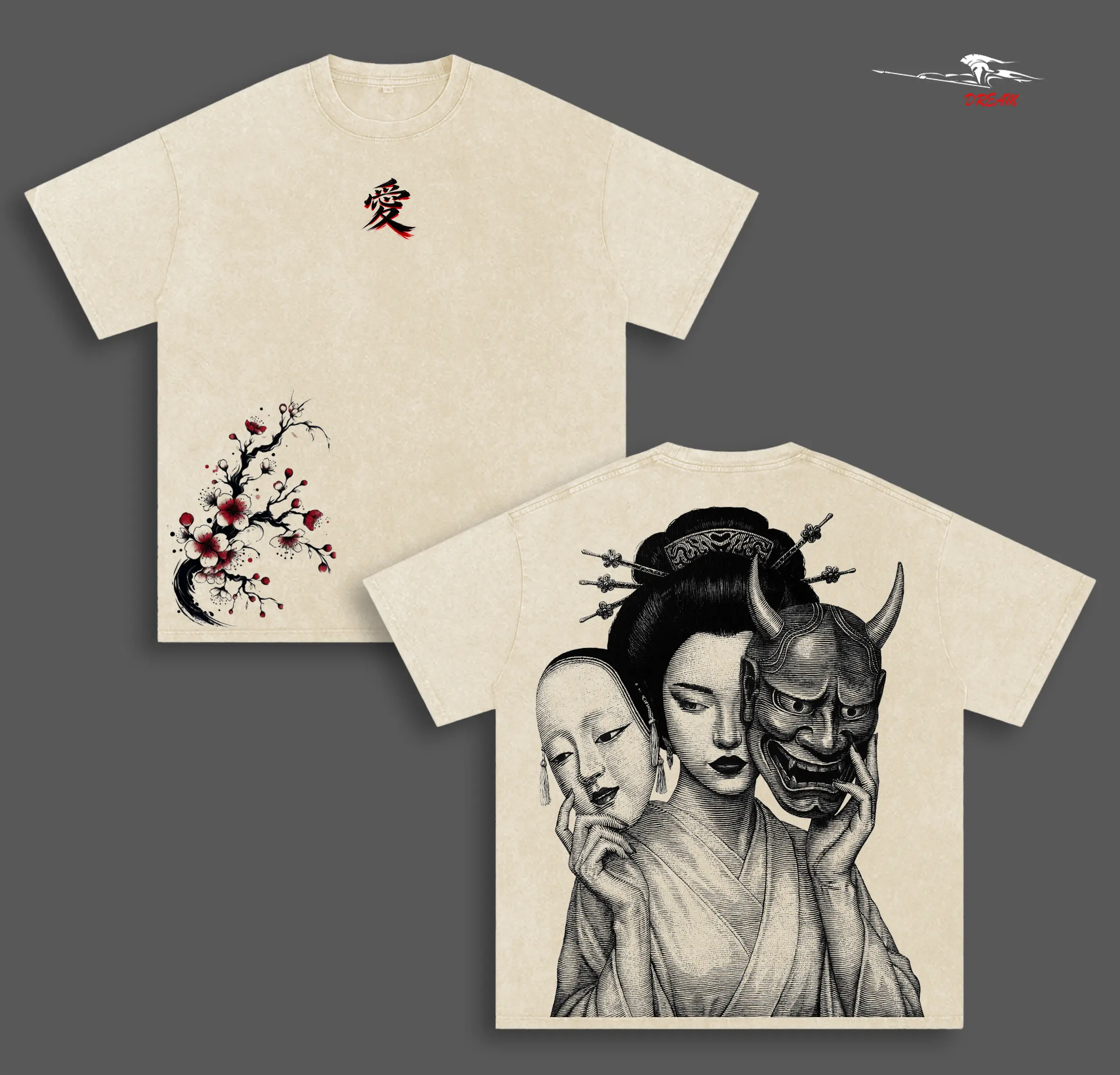 Hannya Mask Japanese Double Printed Vintage Washed Tee Unisex Oversize Heavyweight Cotton T-shirt for Anime Fans and Lovers