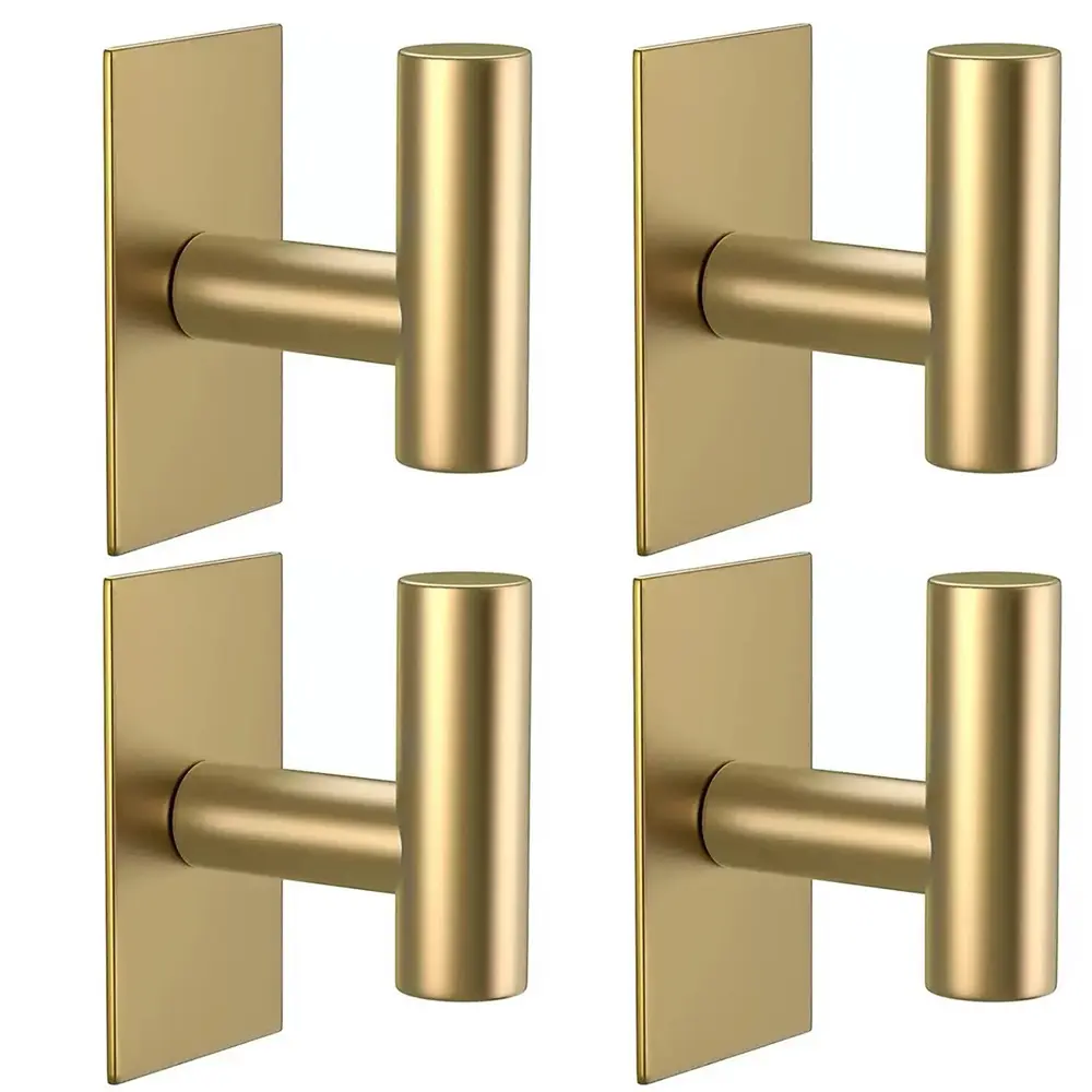 4 Packs Gold Wall Towel Hooks, Heavy Duty Sticky Holder Waterproof Towel Hooks for Hanging Coat, Clothes, Closet Hook Wall Mount for Kitchen