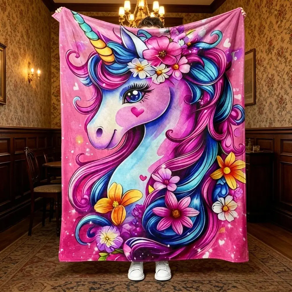 Cartoon Unicorn Blanket, Sparkling Floral Digital Print Lightweight Flannel Throw, Soft Warm Birthday Home Decor Couch Blanket for Casual Use, Birthday Blanket, Home Decor Blanket