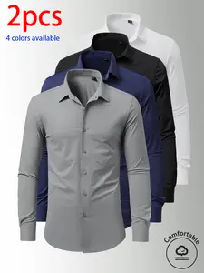 2-pack men’s long-sleeve shirts, men’s shirts, men’s long sleeves. Lightweight, breathable shirt with a drapey feel, no ironing needed and wrinkle-resistant, solid color basic shirt made from nylon–elastane fabric—versatile for everyday wear, commuting, b