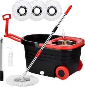 360 Easywring Microfiber Spin Mop & Bucket Set with 3 Refills, 60inch Adjustable Handle, Black Kitchen Mop for Effective Cleaning Lightweight Tool