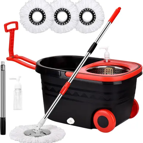 Spin Mop System - Lightweight Floor Mop & Bucket Set, 60in Long Handle, 360° Easywring Microfiber, Auto-Rotating Absorbent Head, Soap Dispenser, Drain Plug, 3 Refills, Corner Access, Black Home Cleaning Tool (Works on Tile, Wood, Laminate, Stone)