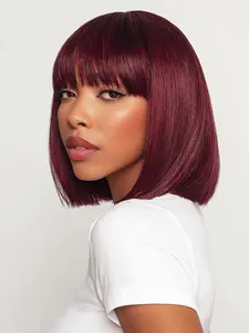 99J Burg Color Premium Brazilian Straight Human Hair Bob Cut Wig With Bangs, Full Machine Made Glueless Design Vietnamese Bone Straight 180 Density Short Bob Wig Wear, Fashion Wig