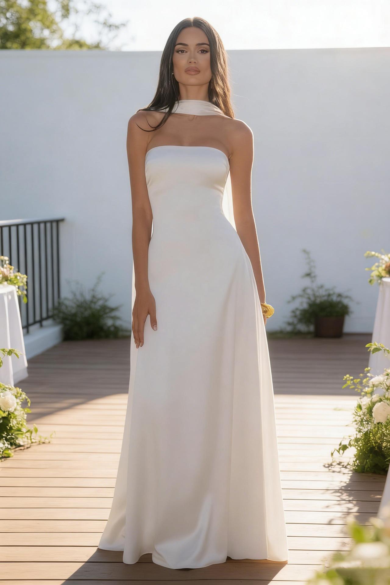 Womens Backless Tube-Top Waist-Cinching Evening Gown Long Dress