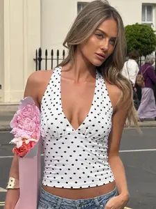 Women's Polka Dots Ruched Halter Neck Lace-up Sleeveless Cami Top Slim V-neck Sexy Strapless Backless Contrast Color Party Club Dating Holiday Daily Casual Crop Tank Tops Camisole Streetwear For Ladies Girls Summer Chic Comfort Clothing Wear