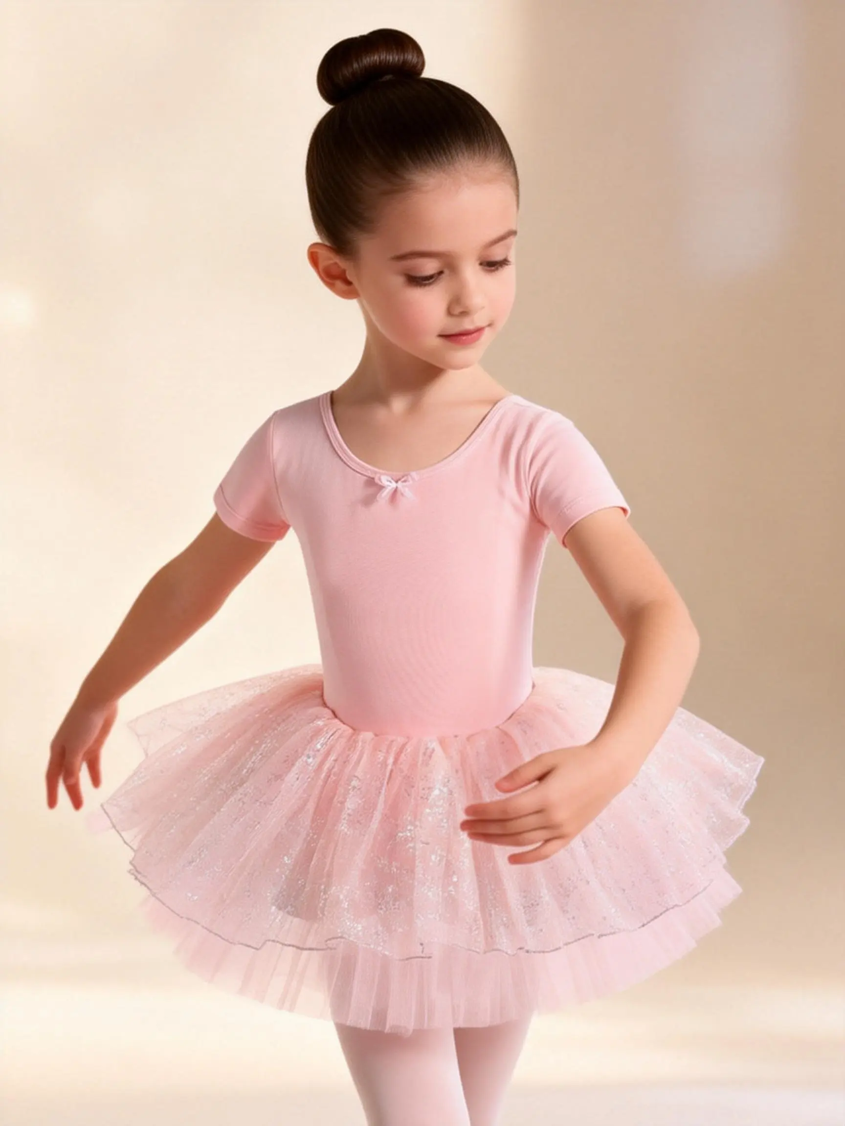 Girls' Minimalist Short-Sleeve Ballet Tutu Dress - Breathable Silver Mesh Tulle, Elegant Crew Neck, Twist Detail, Above the Knee, Anti-Exposure Cut, Suitable for Beginner Children's Everyday Training, Dance Exams, Classic, Cotton-Feel Fabric